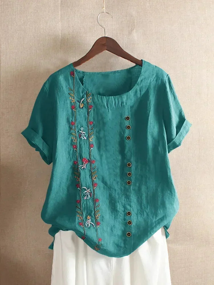 Fashion Flower Embroidery Cotton Linen Shirt Casual Summer Women O-neck Short Sleeve White Pullover Top Elegant Street Blouse