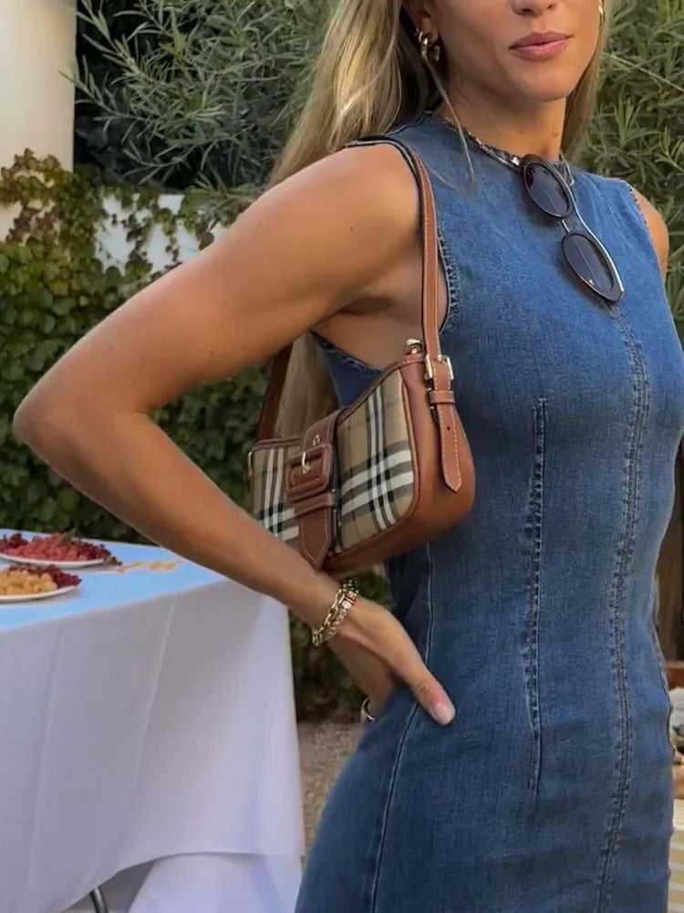 Casual Sleeveless Denim Dresses Women Elegant Slim Fit O-neck Slit Denim Dress Female Autumn Chic Street All-matching Robes