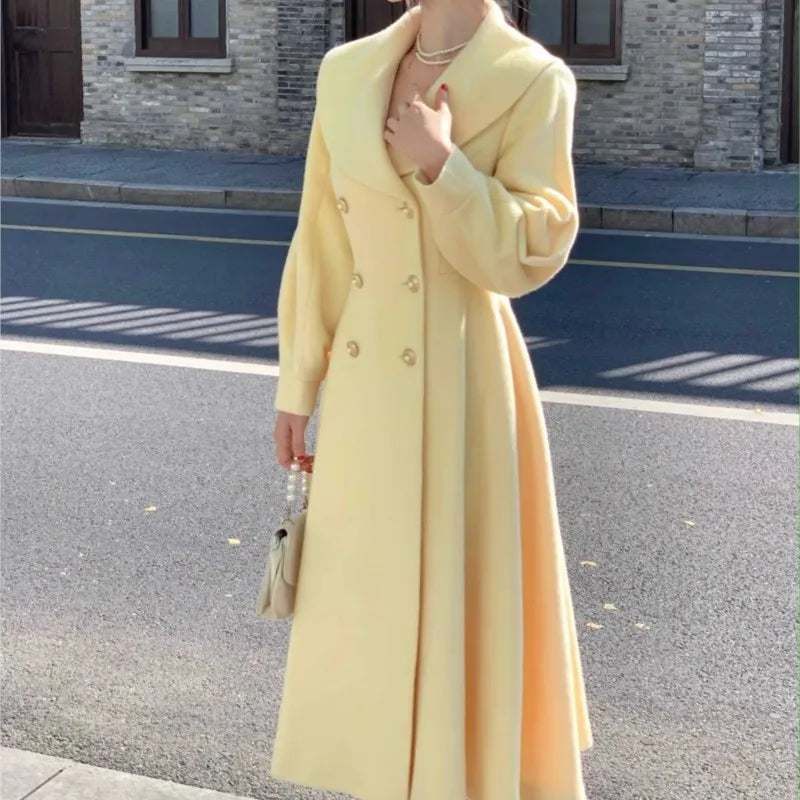 Fashion Women’s Long Coats Winter New Outerwear Lapel Double Breasted Lantern Sleeve Solid Vintage Chic Woolen Overcoats