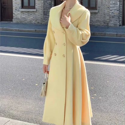Fashion Women’s Long Coats Winter New Outerwear Lapel Double Breasted Lantern Sleeve Solid Vintage Chic Woolen Overcoats