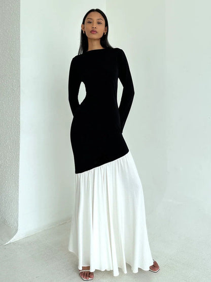 Fashion Long Sleeved Patchwork Bodycon Women Dress Round Neck Slim Elastic Autumn Winter New 2025 Pleated Maxi Vestido