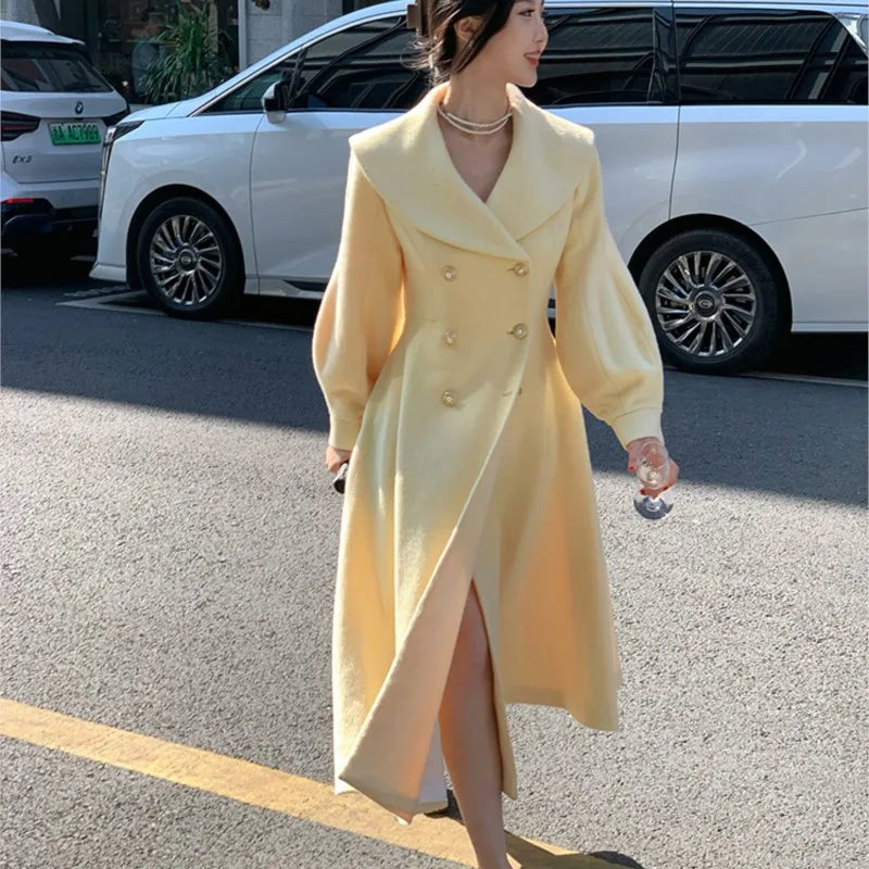 Fashion Women’s Long Coats Winter New Outerwear Lapel Double Breasted Lantern Sleeve Solid Vintage Chic Woolen Overcoats