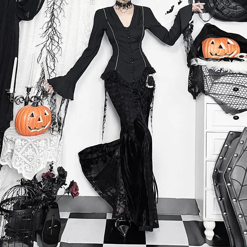 Gothic V-Neck Flare Sleeve Blouse