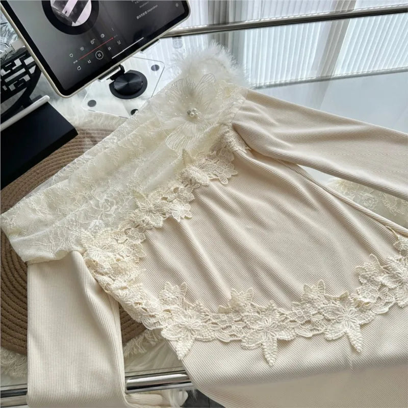 Autumn Winter New Knitted Dresses for Women Slash Neck Flare Sleeve Lace Patchwork Slim Mermaid Korean Fashion Vestidos Mujer