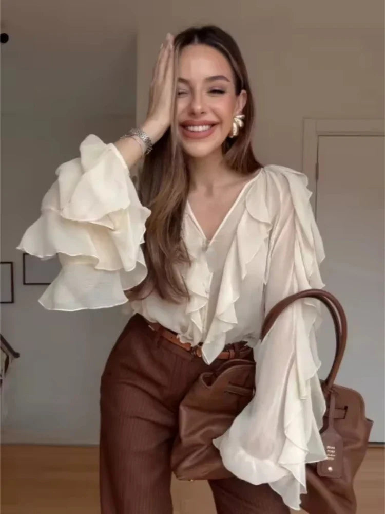 Elegant Chiffon Layered Ruffled Loose Blouse