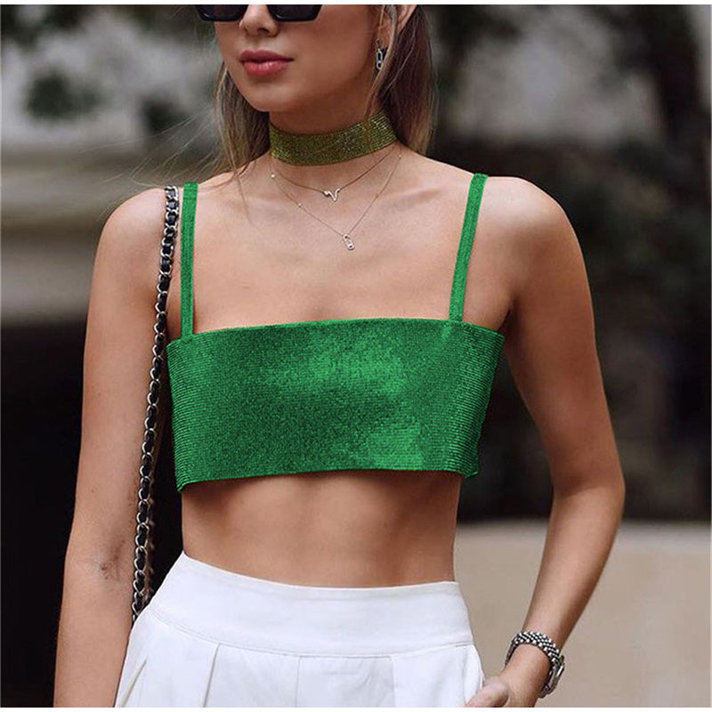 Glitter Club Crop Top Off Shoulder Tank Cami Clothing Super Short Party Night Shiny Bling Sleeveless Tube Tops Y2K