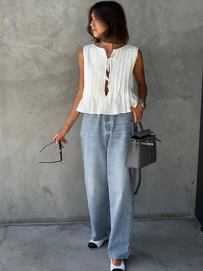 Elegant White Lace Up Tops For Women Pleated O-neck Sleeveless Ruffles Tank  Summer New Chic Lady Party Vacation Vest