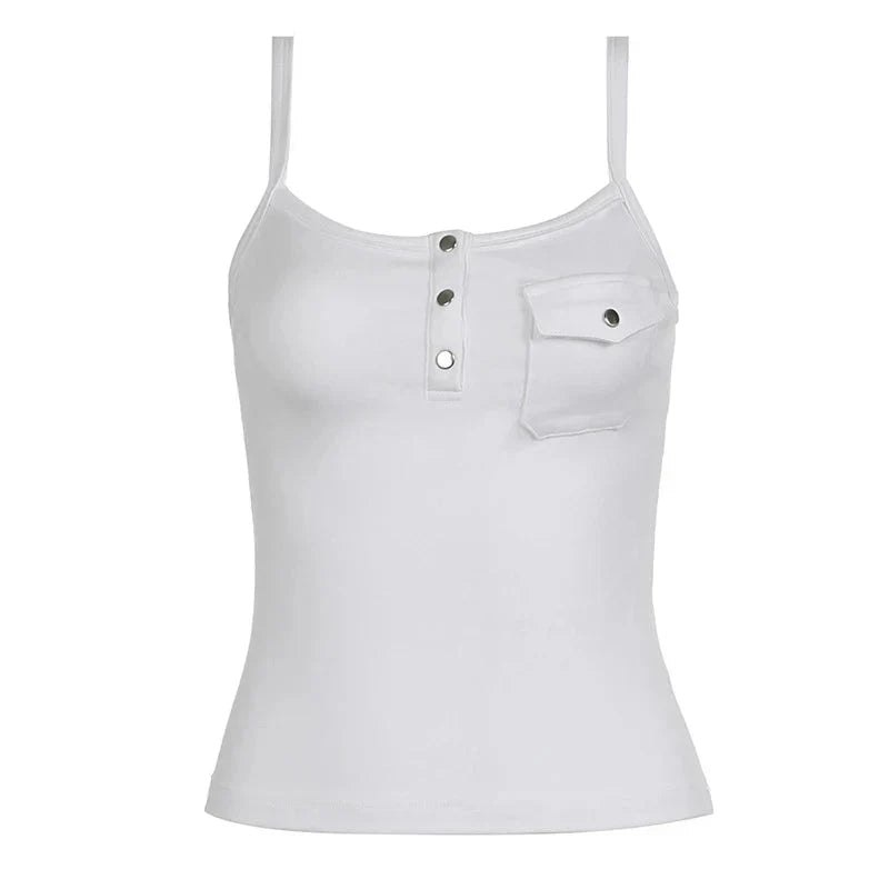 y2k Tops Solid Color Button Front Spaghetti Strap Sleeveless Camisole with Pocket Decor 2000s Vest Streetwear
