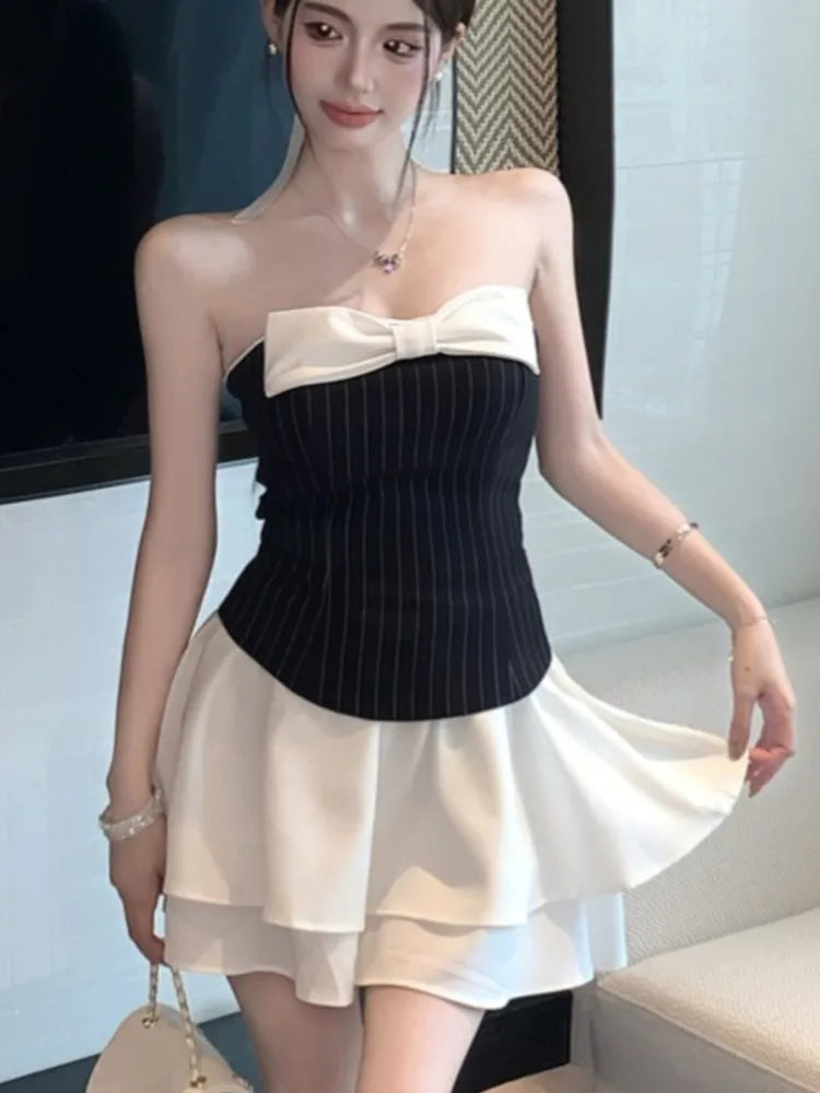 Sexy Striped Patchwork Short Dresses for Women Strapless Layered Ruffles A-line Bow Birthday Party Dress Korean Fashion Vestido
