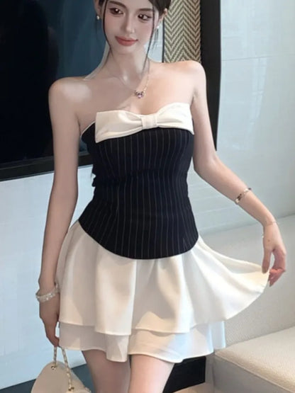 Sexy Striped Patchwork Short Dresses for Women Strapless Layered Ruffles A-line Bow Birthday Party Dress Korean Fashion Vestido
