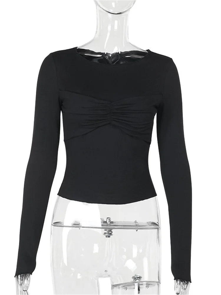 Pleated Casual Long Sleeve T-shirt Top Female Slim Cropped Patchwork Solid Fashion High Waist Pullover Women’s Summer Tee