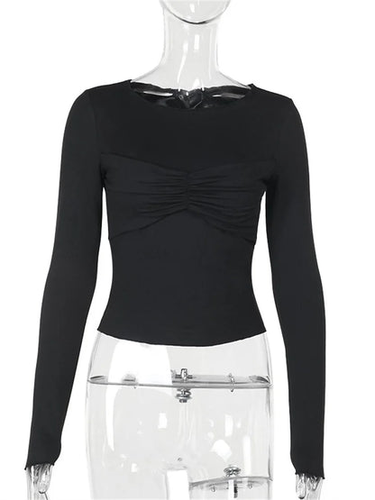 Pleated Casual Long Sleeve T-shirt Top Female Slim Cropped Patchwork Solid Fashion High Waist Pullover Women’s Summer Tee