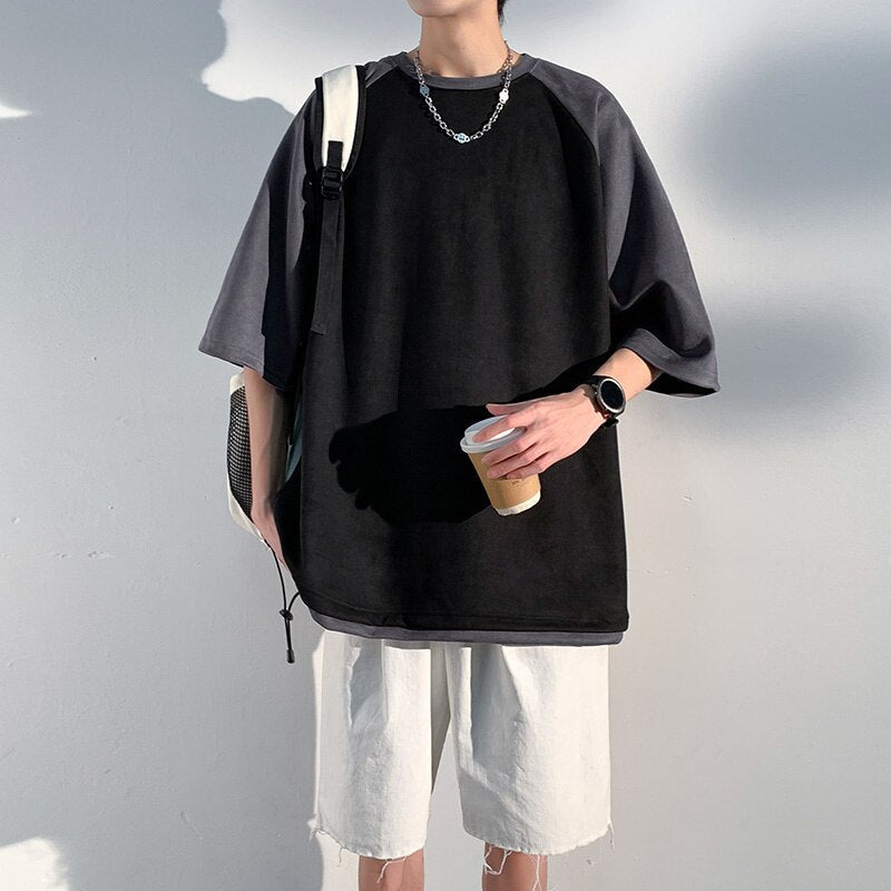 Baggy Short Sleeved Suede T-shirt  Versatile Color Matching Casual Tshirt Tops Trend Y2k Tees