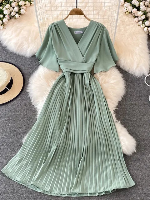 Women Elegant Pleated Dress Summer Short Sleeve V-neck Vintage Dresses Ladies A Line High Waisted Midi Dress