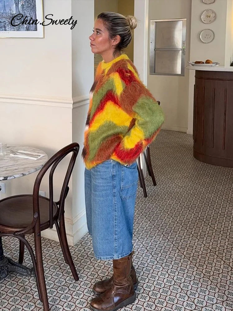 Casual Mohair Knit Women Pullover Colorful O-neck Long Sleeve Loose Sweater  New Autumn Fashion Lady All-matching Knitwear