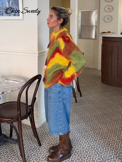 Casual Mohair Knit Women Pullover Colorful O-neck Long Sleeve Loose Sweater  New Autumn Fashion Lady All-matching Knitwear