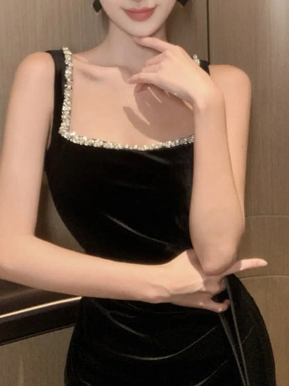 Elegant Bodycon Sleeveless Black Velvet Dresses for Women Diamonds High Slit Evening Party Dress Prom Robe One Piece Vestido New