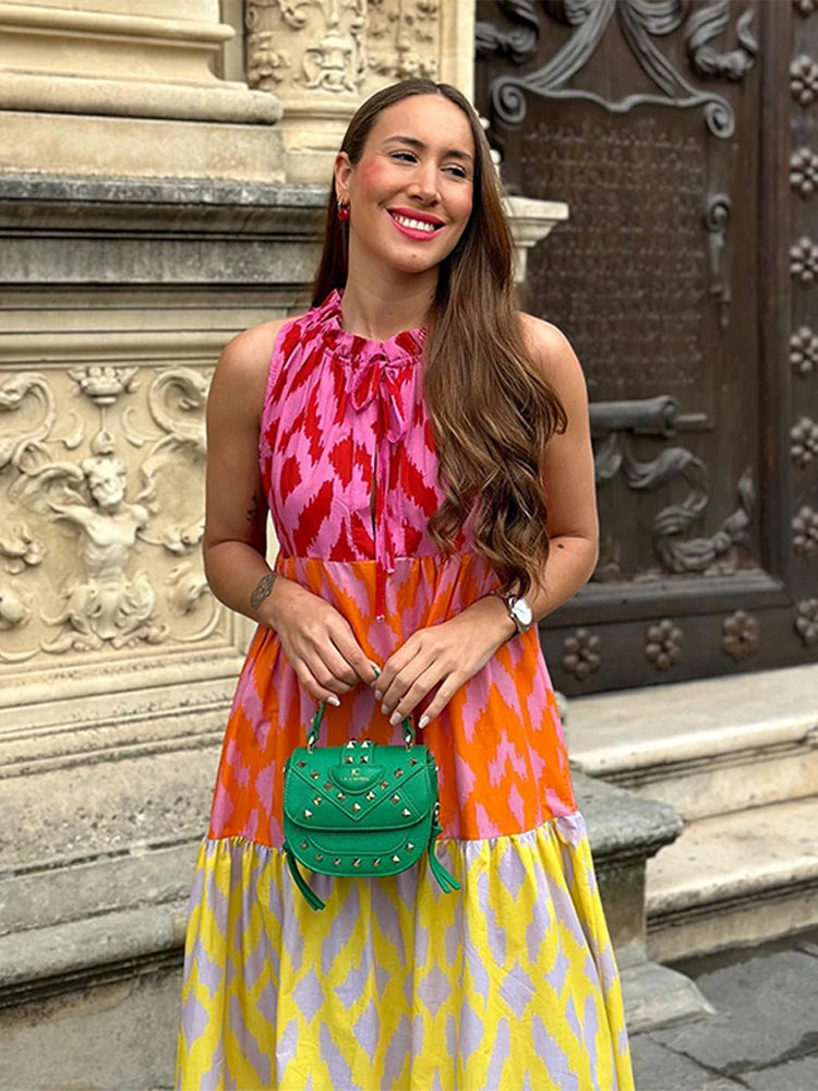 Chic Patchwork Printed Dress For Women Chic Round Neck Sleeveless Casual Maixi Dress  Summer New Female Vacation Robe