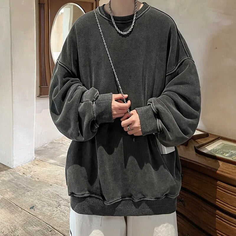 American Washed Old Pullovers Sweatshirts Loose Solid Color Large Size Warm O Neck Tops Hip Hop Y2k Sweatshirt