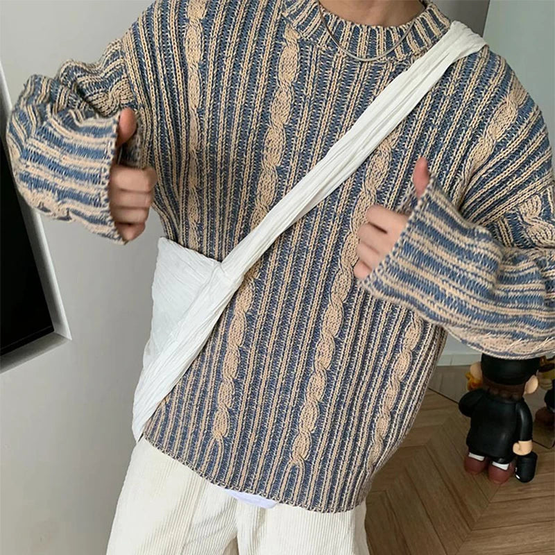 Fashionable Striped Knitting Sweaters Streetwear Y2K Loose O Neck Long Sleeve Knit T-shirts Vintage Sweater Tops