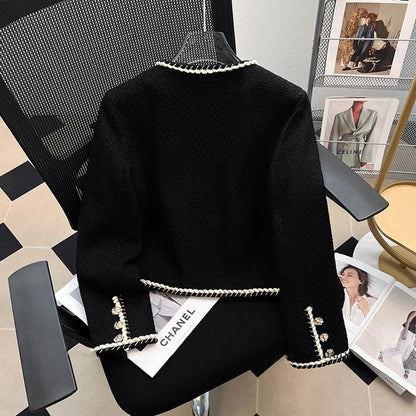 Vintage Black Tweed Jacket Women Cropped Quilted Coat Elegant Commute Blazer Winter Ladies Korean Thicken Short Outerwear