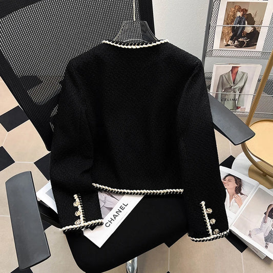 Vintage Black Tweed Jacket Women Cropped Quilted Coat Elegant Commute Blazer Winter Ladies Korean Thicken Short Outerwear