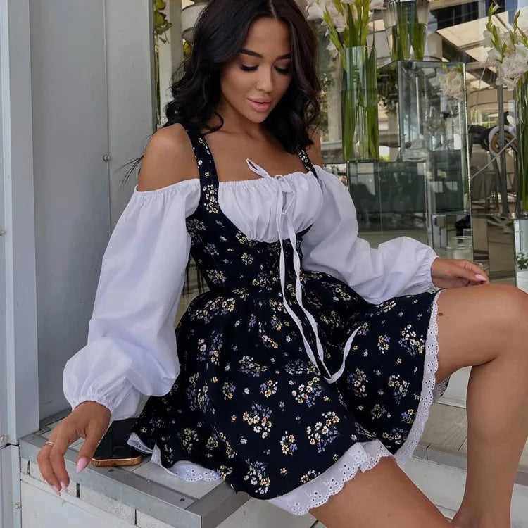New Puff Sleeve Patchwork Print Dresses Sexy Spaghetti Strap Lace Up Short Bubble Dresses Women Summer Party Vacation Dress
