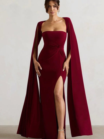 Elegant Bodycon High Slit Long Sleeved Shawl Women Dress Elasticity Tight Sexy Party Club Evening Dress Female Vestido