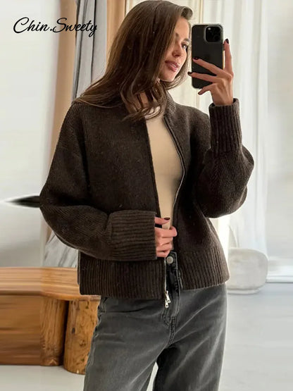 Vintage Knit Zipper Cardigan For Women Solid Loose O Neck Long Sleeve Sweater Top Female  Fall Winter All-matching Knitwear