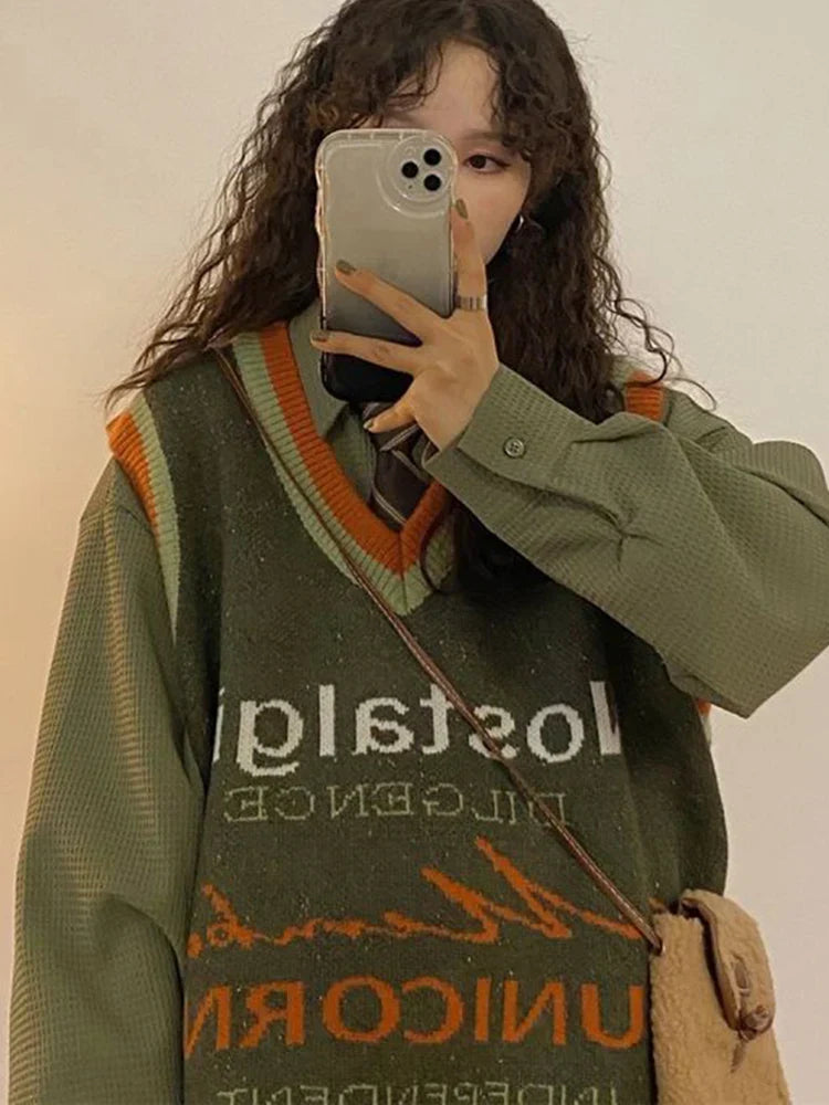 Voguable Vintage Harajuku Letter Knitted Vest Preppy Style Loose Bf Y2K Tops Japan Loose All Match V Neck Casual Sweater Vest