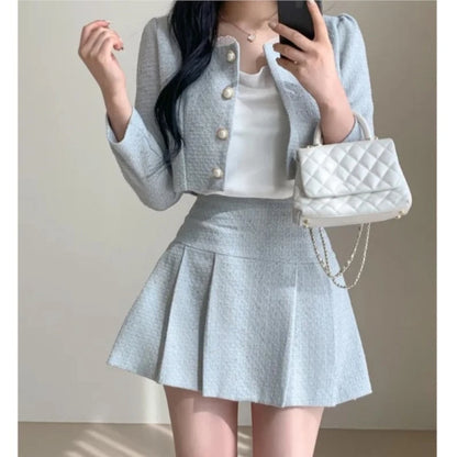 Korean Fashion Elegant Tweed Short Jacket Cropped Coats + High Waist Mini Skirts Suits Autumn New Slim Women Two-Piece Sets