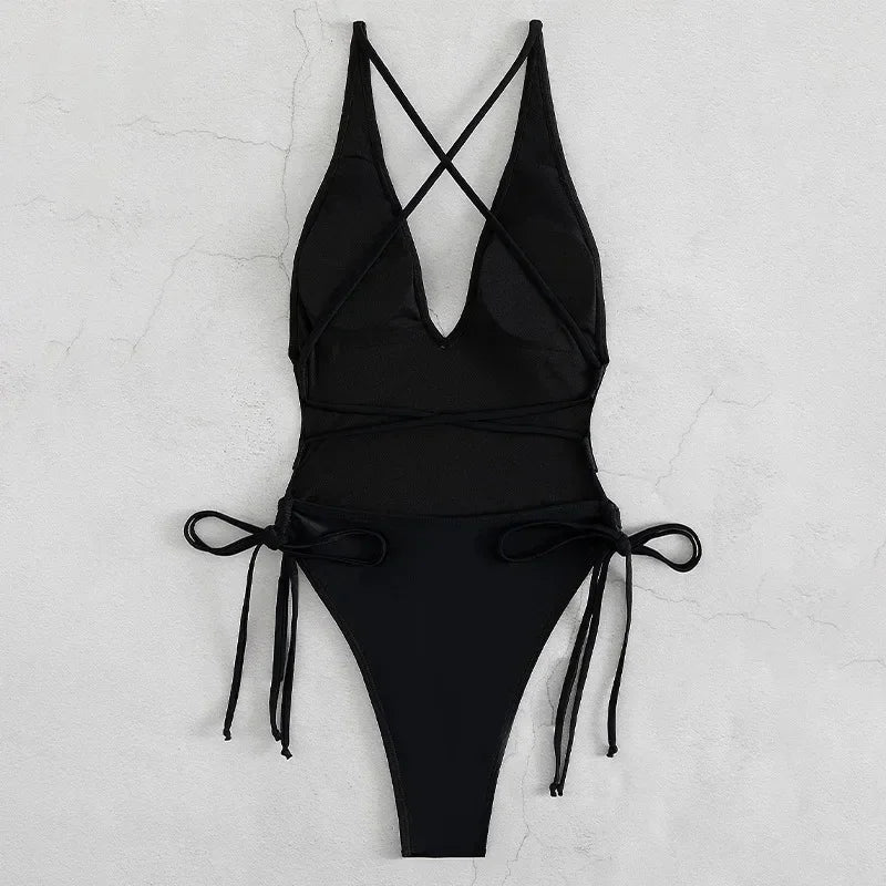Solid V-neck One Piece Swimsuit for Women Sexy Cross Bandage Swimwear Backless Bathing Suit  New Monokini