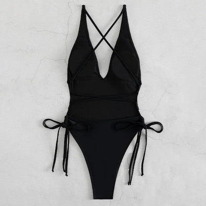 Solid V-neck One Piece Swimsuit for Women Sexy Cross Bandage Swimwear Backless Bathing Suit  New Monokini