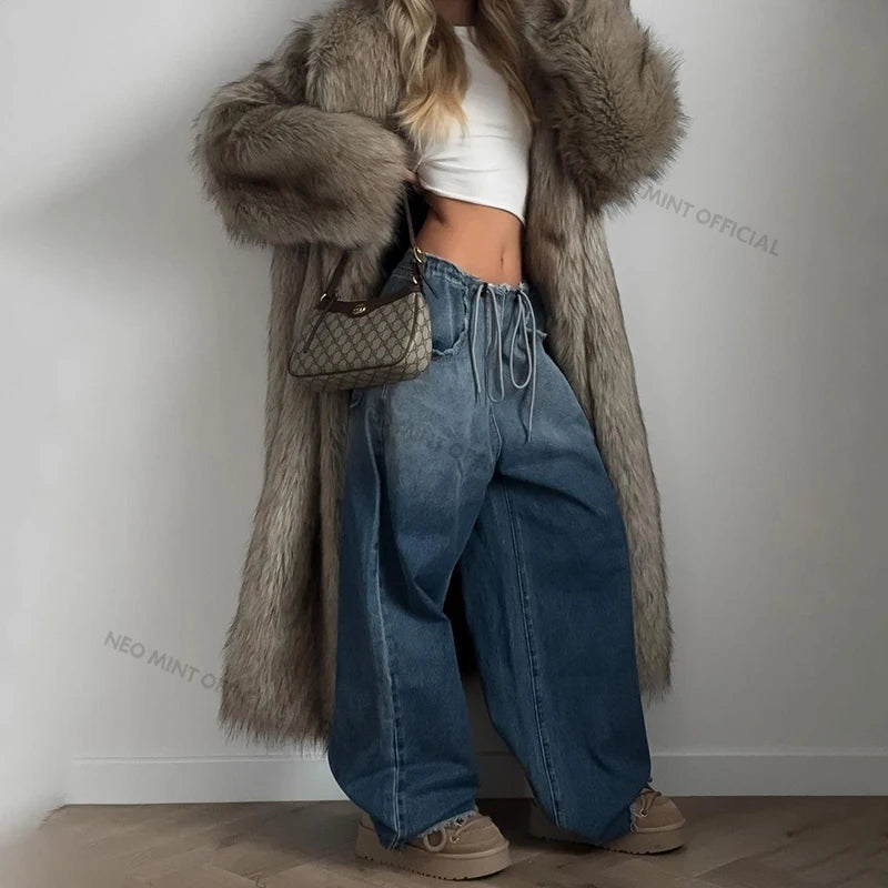 Luxury Mob Wife Aesthetic Long Faux Fur Coat Women Winter  Fluffy Gradient Fox Fur Jacket Female Furry Overcoat
