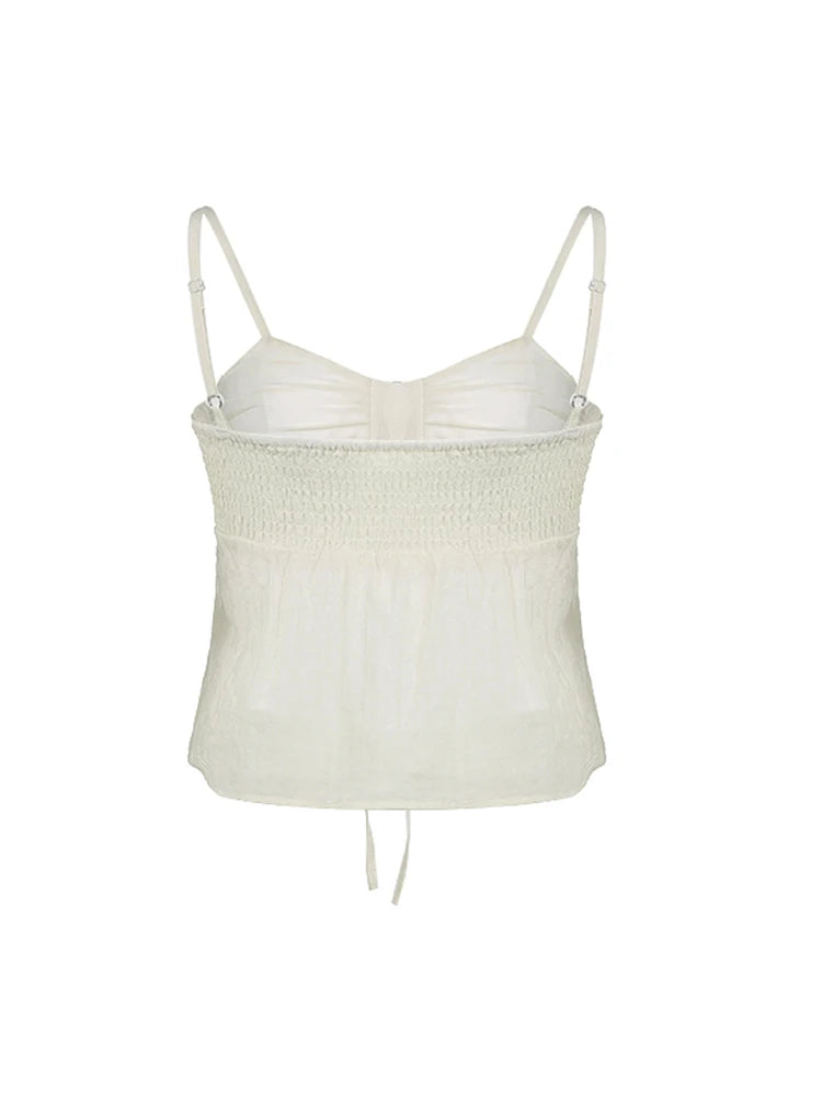 Fairycore Sweet Solid Shirring Camisole Women Summer Vacation Korean Clothing Crop Top