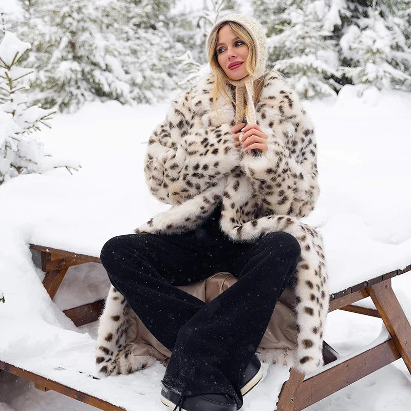 Luxury Maxi Long Leopard Belted Faux Fur Coat Women Winter  Brand Fashion Mob Wife Vibe Fox Fur Jacket Overcoat