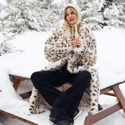 Luxury Maxi Long Leopard Belted Faux Fur Coat Women Winter  Brand Fashion Mob Wife Vibe Fox Fur Jacket Overcoat