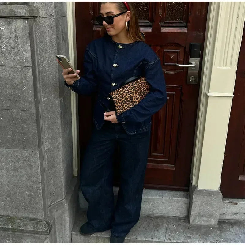 TAVIMART  -  Fashion Y2K Denim Jacket For Women 2025 Spring Elegant O-neck Single Breasted Coat Female Chic Street Long Sleeve Lady Outerwear