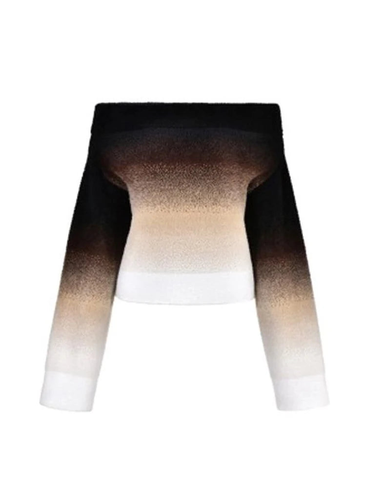 Gradient Fashion Off Shoulder Sweater Women Knitted Long sleeve Cropped Pullover Autumn Casual Female Chic Top Knitwear