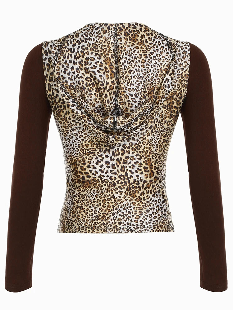Button V Neck Slim Leopard Hooded Tee Contrast Patchwork Long Sleeve American Retro Y2K Basic T Shirt Women Aesthetic Clothes