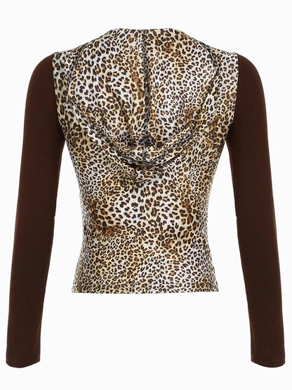 Button V Neck Slim Leopard Hooded Tee Contrast Patchwork Long Sleeve American Retro Y2K Basic T Shirt Women Aesthetic Clothes