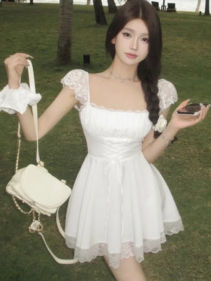 Y2K Lace Princess Party Dress Sexy Spaghetti Strap Square Collar Ruffles A-line Short Dresses for Women Prom Summer Mini Vestido