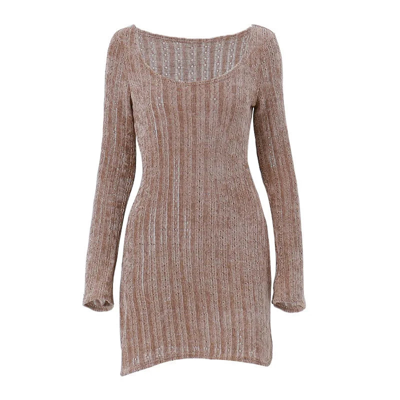 Sexy Autumn Long Sleeve Dresses Vintage Brown Y2k Mini Dress Women's Clothing Sale Outfit Solid Bodycon Short Streetwear Clothes