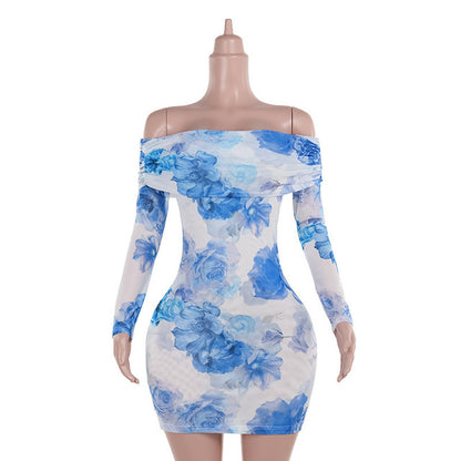 Blue Floral Print Sexy Mini Dress For Women Autumn New Off-shoulder Backless Long Sleeve High Waist Sexy Party Dress