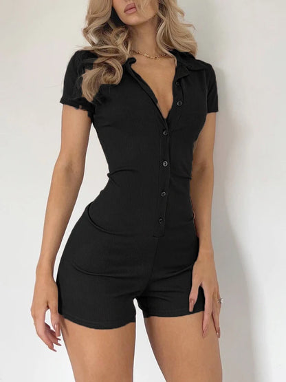 Solid Button Up Turn Down Collar Short Sleeve Slim Ribbed Rompers Womens Playsuit Basic Vintage Casual Summer Shirts