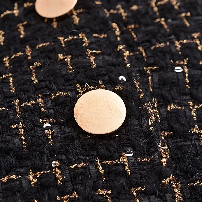 French Retro Women Black Weave Gold Line Tweed Blazer High Waist Center Buttons Back Zipper Mini Skirt Set Suits 2 pieces 1 set