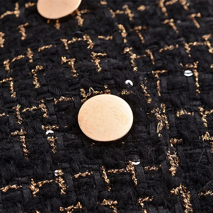 French Retro Women Black Weave Gold Line Tweed Blazer High Waist Center Buttons Back Zipper Mini Skirt Set Suits 2 pieces 1 set