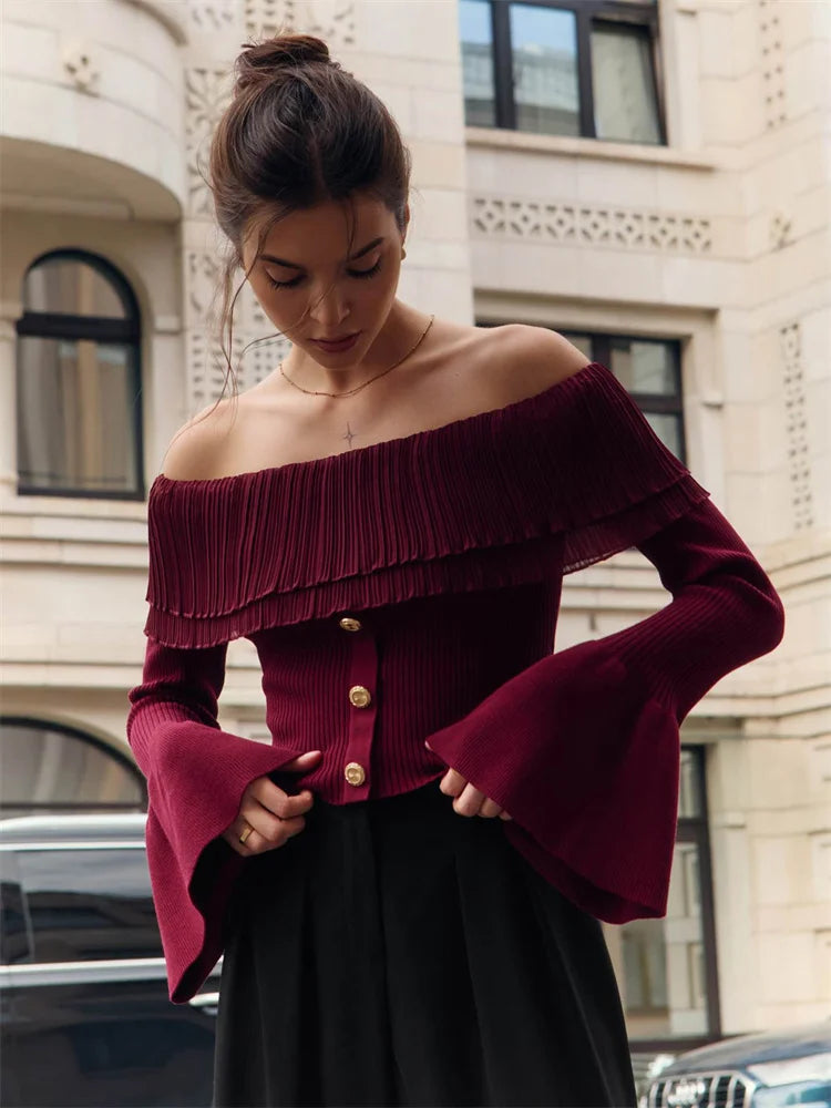 Knit Backless Sweater Pullover Female Patchwork Ribbed Off-Shoulder Slim Fashion Y2k Autumn Top Women&#8217;s Knitwear Pullover
