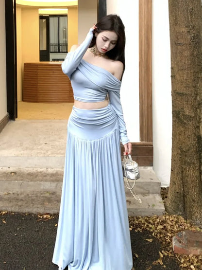 Autumn Women’s Solid Two-piece Skirt Set Slash Neck Cropped Top High Waist Long Skirt Korean Fashion Ladies Outfits Streetwear