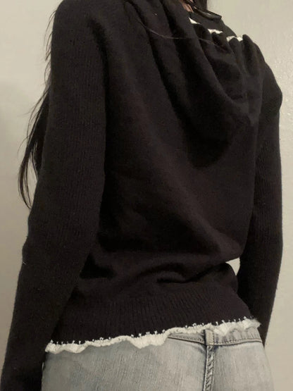 Black Lace Trim Knitted Sweater Cardigan Women Autumn Winter New Coat Sweet Basic All-Match Fashion